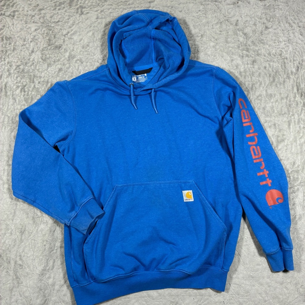 Carhartt Mens Hoodie Size M Royal Blue Logo Kangaroo Pocket Fleece Workwear